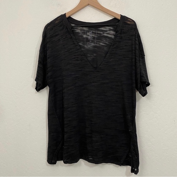 Free People Women’s S Black Semi Sheer Distressed Deep V Neck Oversized T Shirt - Picture 2 of 9